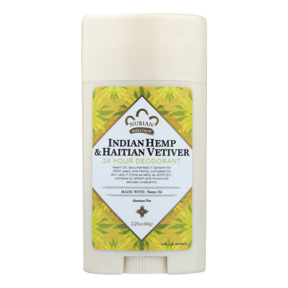 Nubian Heritage Deodorant - All Natural - 24 Hour - Indian Hemp And Haitian Vetiver - With Neem Oil - 2.25 Oz - Vita-Shoppe.com