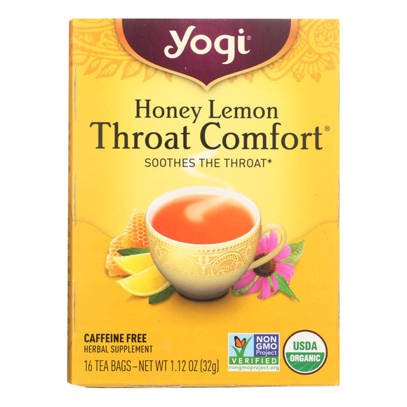 Yogi Throat Comfort Herbal Tea Caffeine Free Honey Lemon - 16 Tea Bags - Case Of 6 - Vita-Shoppe.com